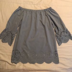 light blue off shoulder top, laser cut detailing